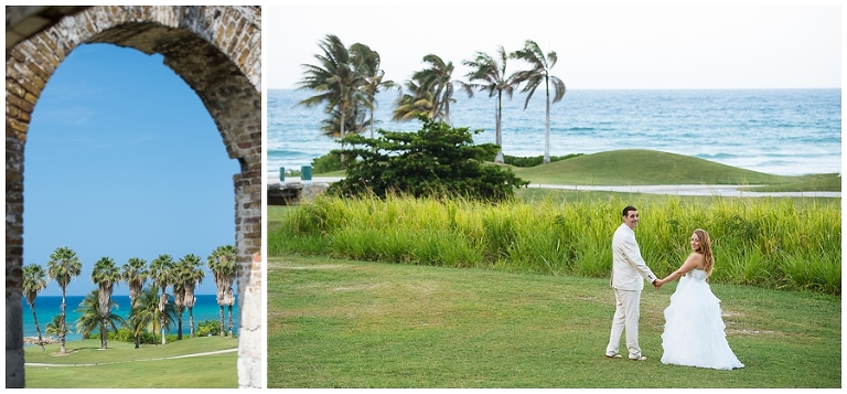 Bride and Groom walking together looking out over the ocean in Jamaica