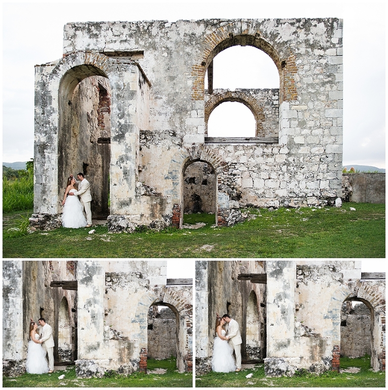 Bride and Groom walking along ruins during their wedding photos in Jamaica
