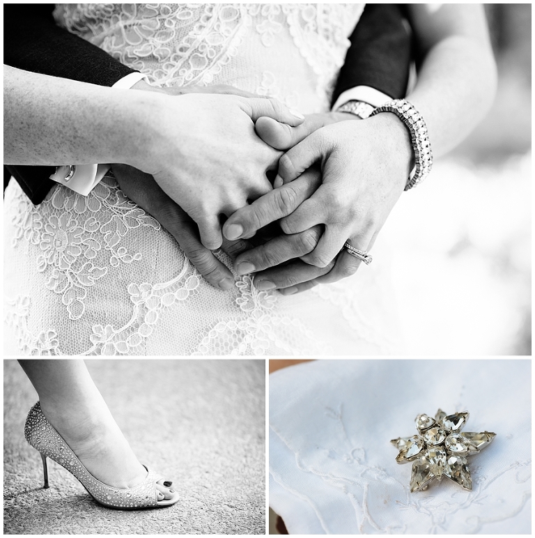 Close up photo of bride and groom holding hands