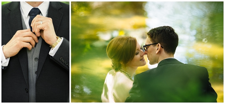 Bride and groom sitting together near pond