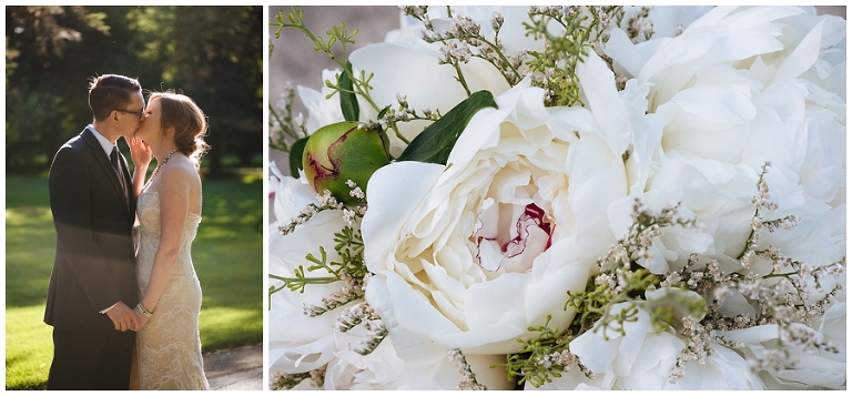 Bride and groom are backlit by the sun in romantic photo of them kissing