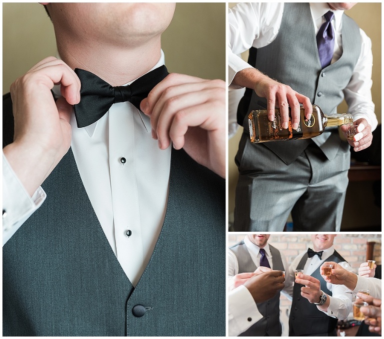 close up of groom's details like his bowtie and pouring whisky in a shit glass