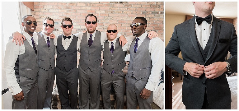 groomsmen in hotel room with sunglasses on posing for the camera before wedding ceremony