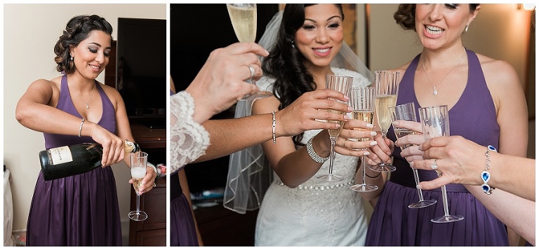 Bride and her bridesmaid's cheering together with champagne glasses 