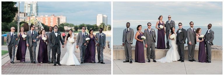 Wedding party walks together on boardwalk outside of Spencer's at the Waterfront wedding venue