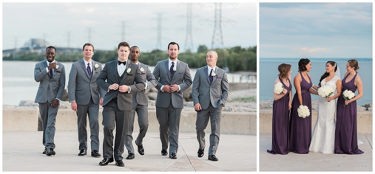 Groom and groomsmen walk together on outdoor boardwalk outside of Burlington waterfront wedding venue