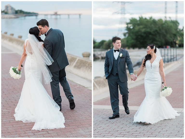 Bride and Groom walk together outside at Burlington waterfront wedding venue