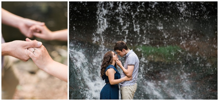 Romantic couple engagement photos in front of waterfall in Hamilton