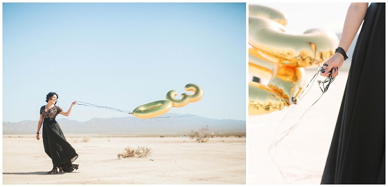 gold balloons photo shoot, 30th birthday photoshoot ideas, desert photoshoot gold accents