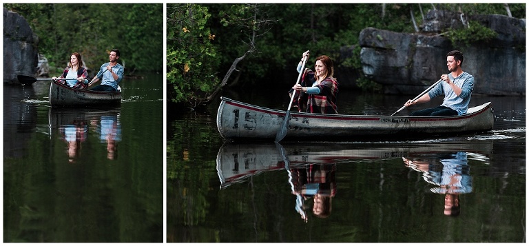 Couple paddles in canoe on lake