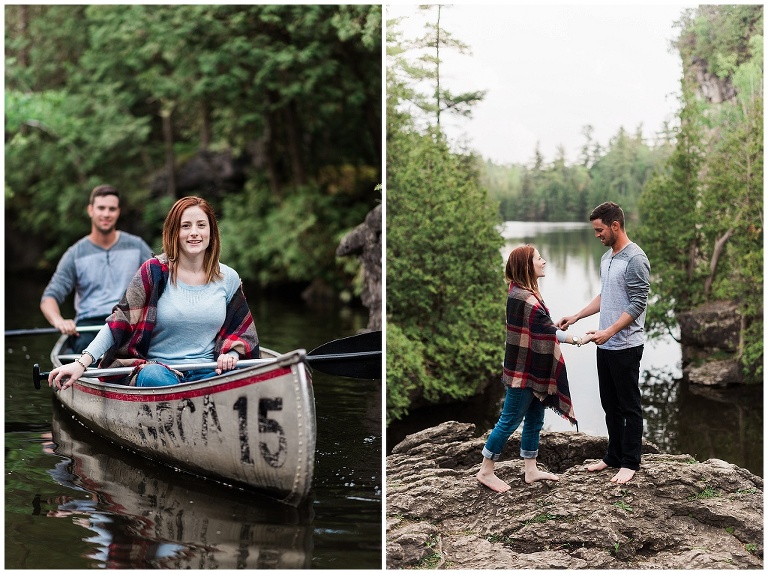 Couple stands together in plaid on rocks during Rockwood Engagement Session