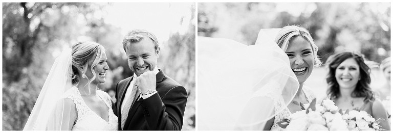 Black and white photos of bride and groom smiling on their wedding day