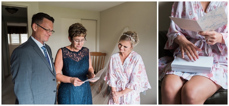 Bride's parents reading card she wrote them and getting emotional at wedding