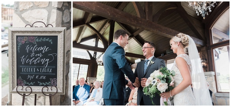 Bride's father shaking grooms hand while he gives the bride away at Cambridge Mill wedding