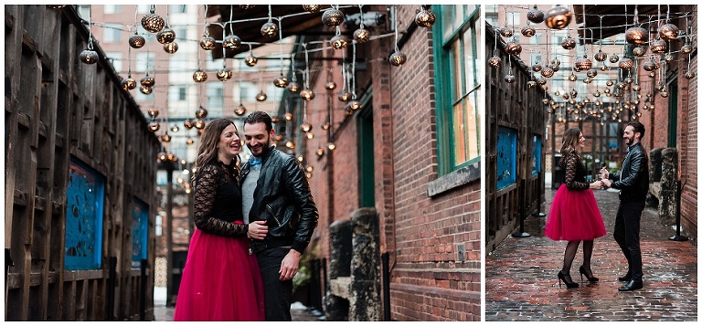 distillery district engagement session, toronto christmas market engagement photos, christmas engagement photos, christmas market engagement photos, balzac coffee engagement photos, twinkle lights engagement photos