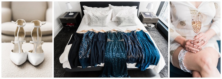 Blue sequined bridesmaids dresses laying together on bed in Toronto