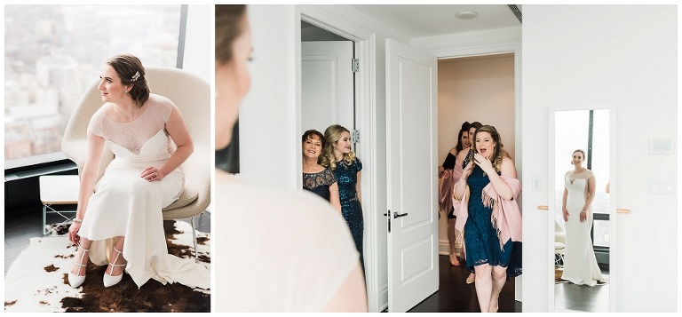 Bridesmaids doing a first look with Toronto bride at Four Seasons hotel Private Residences