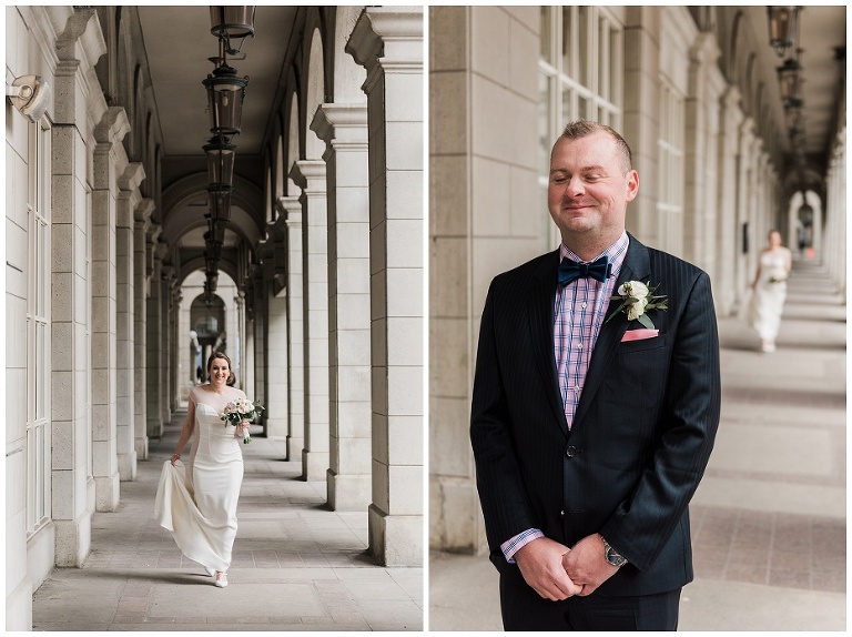 Groom waiting for bride as she walks up behind him for their first look