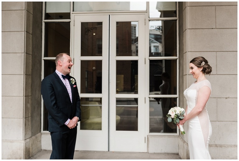 Bride & Groom first look reaction in downtown Toronto