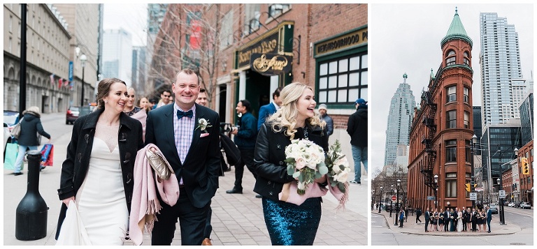 Bride & Groom walking with wedding party during their April wedding in downtown Toronto on the Esplanade before heading to Jump Restaurant for reception