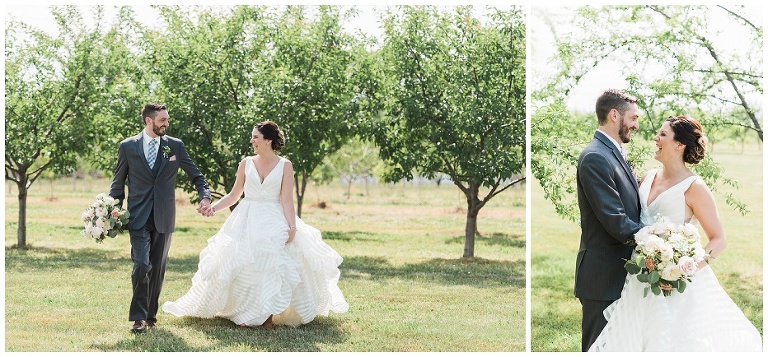 Bride and groom portraits in orchard at Kurtz Orchard wedding