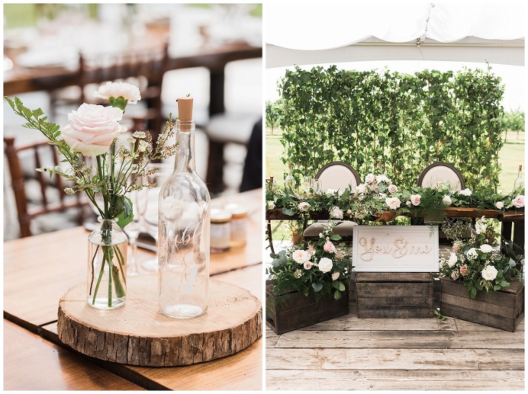 SIngle flower centerpieces and a head table adorned on flowers at Kurtz Orchard wedding