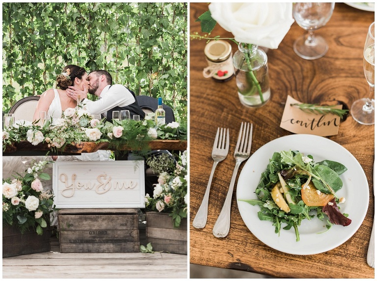 Table setting on live edge wooden table with calligraphy name tag and a salad at Kurtz Orchard wedding