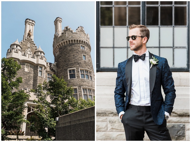 Groom stands for portrait of himself looking away from camera in front of Casa Loma architecture 