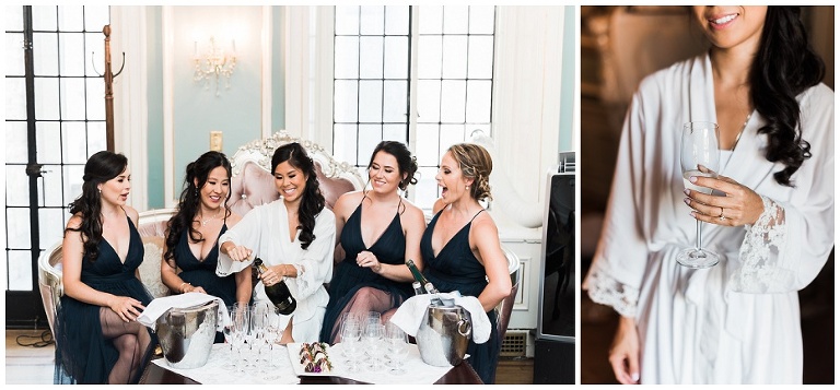 Bride opening a bottle of champagne with bridesmaids in bridal suite at Casa Loma