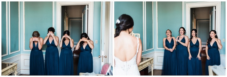 First look with bridesmaids in bridal suite at Casa Loma wedding