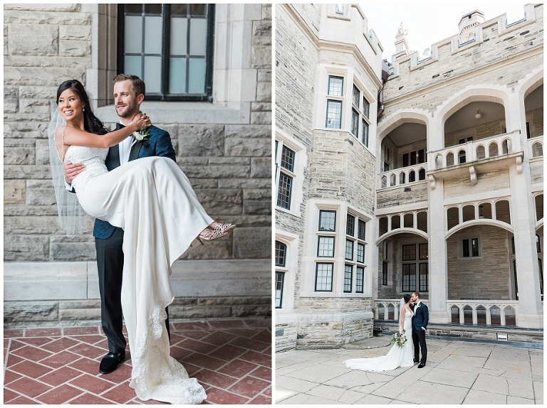Bride and groom portraits in front of Casa Loma before their wedding inside