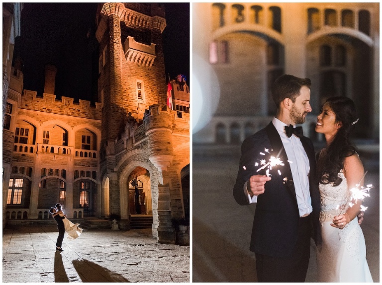 Night time photographs of bride and groom outside of Casa Loma holding sparklers