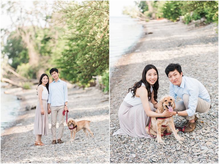 An asian couple walking on a pebble beach with their dog during their engagement session at Jack Darling Park