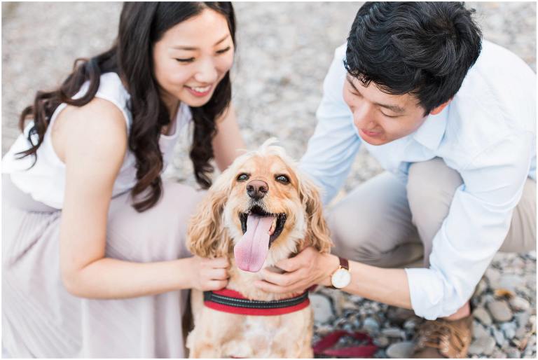 An asian couple kneeling down on a pebble beach petting their light coloured and happy dog with its tounge sticking out