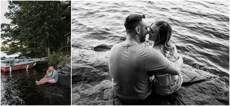 Man and woman embracing each other and kiss sitting on shoreline rocks at their Gravenhurst Cottage engagement session