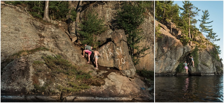 Couple climbs rocks and jumps off cliff together during cottage engagement session