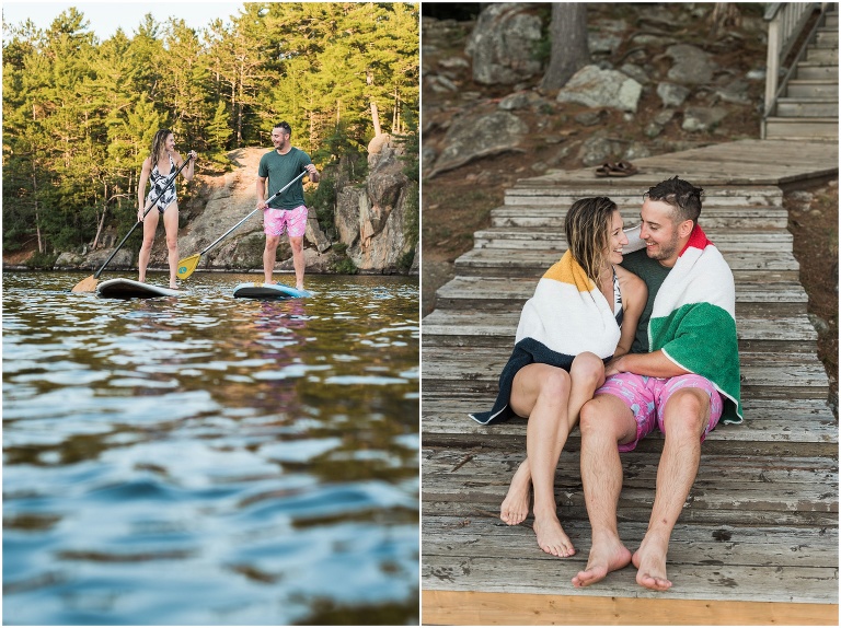 Couples snuggle on the dock in Hudson's Bay towel after getting out of the lake at their Muskoka cottage engagement session
