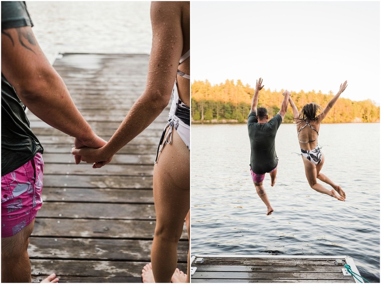 Close up of couple holding hands on their dock before running to jump in the lake at their Muskoka cottage
