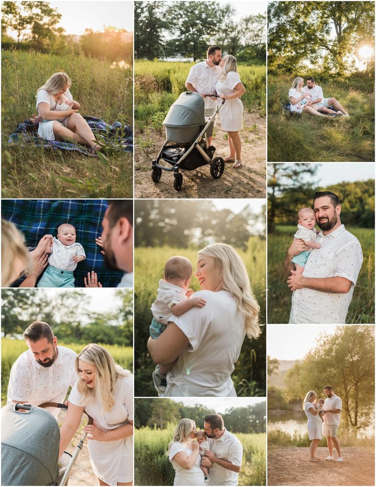 Family of three taking family photos during golden hour at Princess Point by Hamilton wedding photographer Caitlin Free Photography