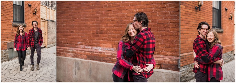 Toronto wedding photographer captures a couple in red plaid shirts hugging and kissing each other