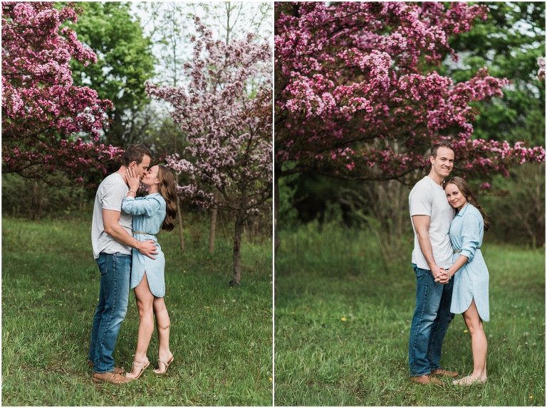 Newly engaged couple kissing passionately in front of apple blossoms during engagement session