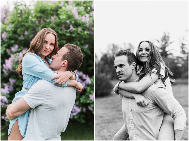 Couple having fun piggybacking during their engagement session at Guelph Arboretum