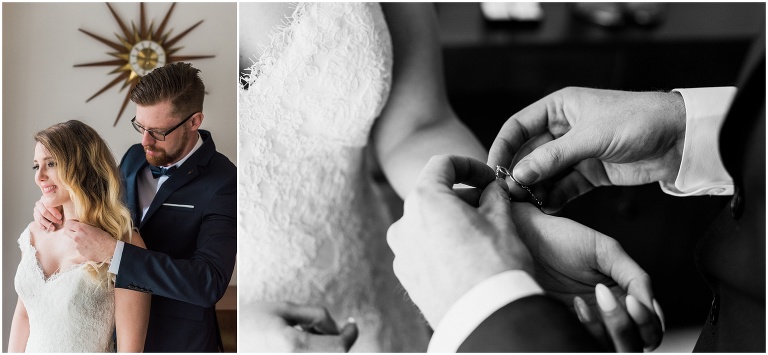 Groom helps bride put on her jewelry on their wedding day