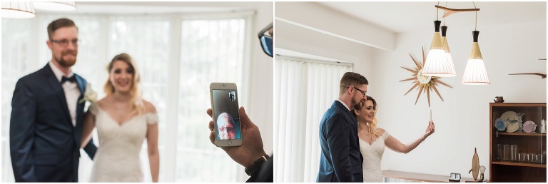 Bride and groom zoom call brid'es mother in Germany on their wedding day