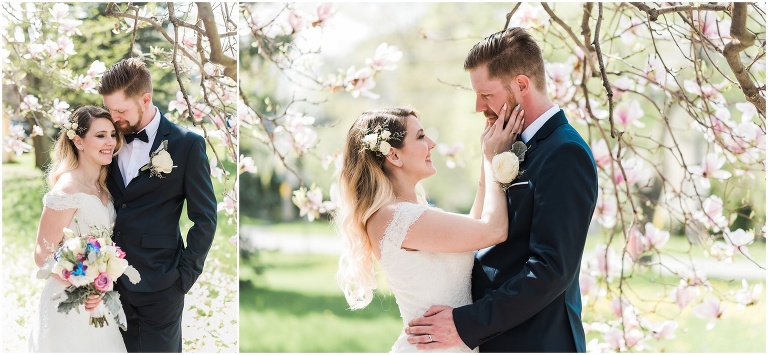 Portraits of bride and groom at stunning magnolia tree for their intimate spring elopement
