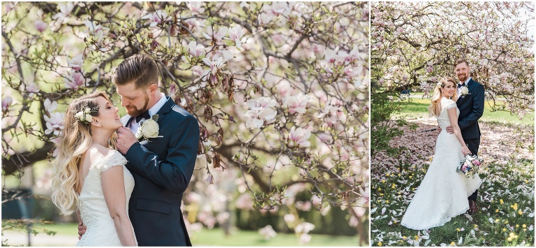 Portraits of bride and groom at stunning magnolia tree for their spring elopement