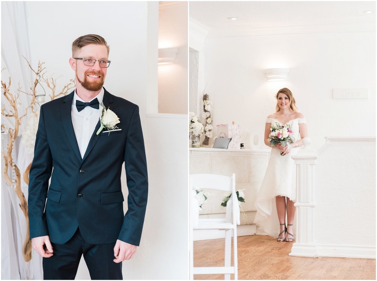 Groom watches bride walk down aisle at their 5 person elopement