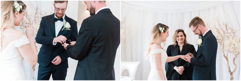 Groom puts ring on bride's finger inside Toronto Wedding Chapel