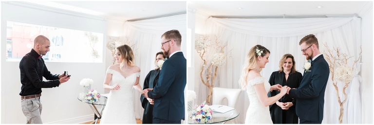 Bride puts ring on groom's finger inside Toronto Wedding Chapel