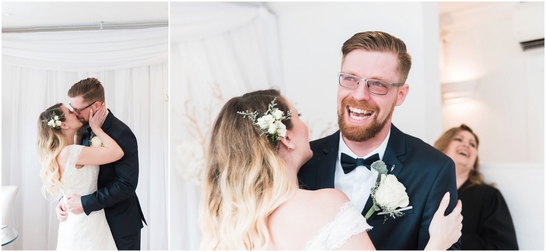 Bride and groom kiss after they get married and both are laughing inside Toronto Wedding Chapel